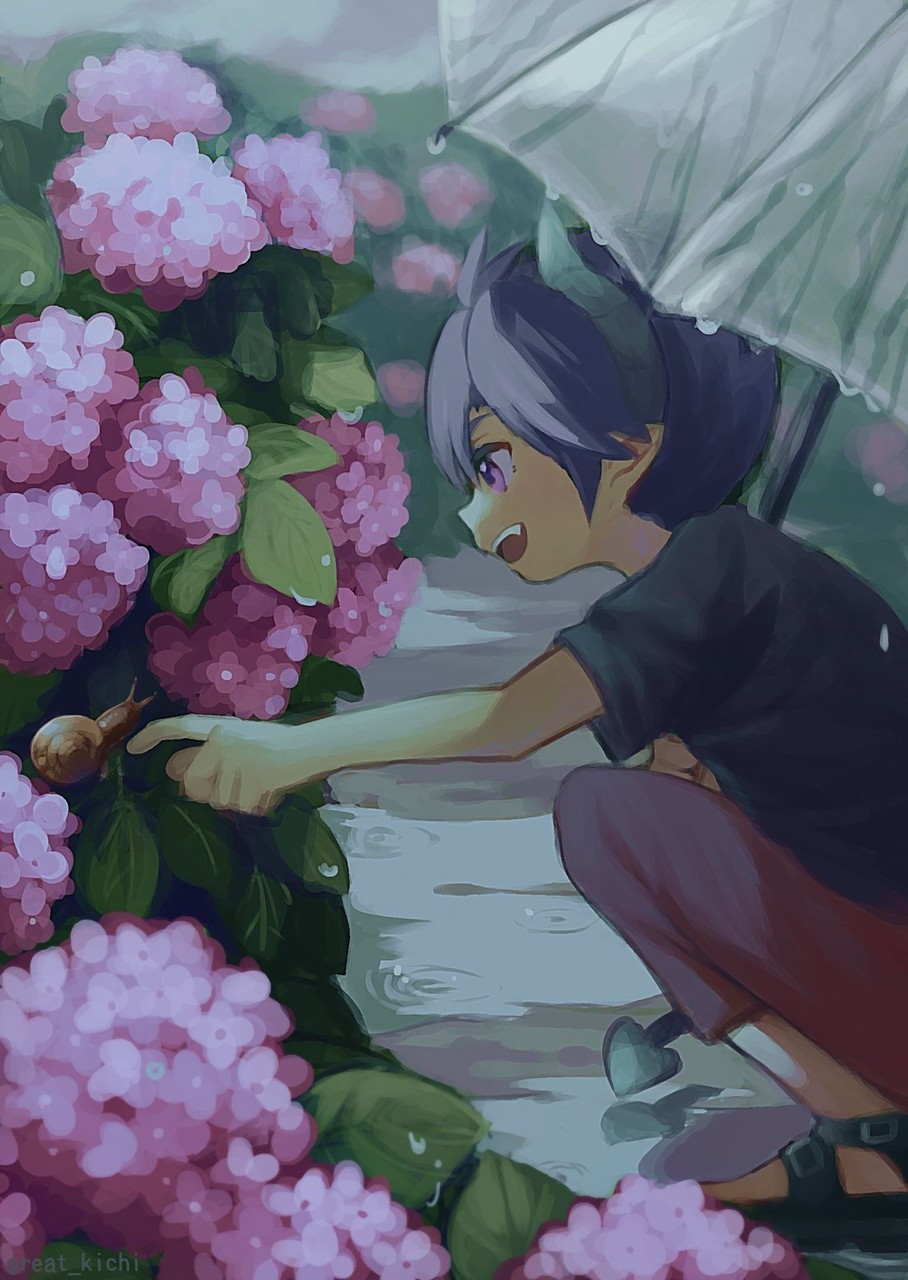 1boy black_shirt blue_hair child demon_boy demon_tail flower great_kichi highres holding holding_umbrella horns index_finger_raised leaf open_mouth outdoors pants pink_flower pointy_ears pop-up_story puddle purple_eyes rain red_pants sandals shirt short_sleeves snail solo squatting t-shirt tail transparent transparent_umbrella umbrella water_drop wrist_extended ziz_glover