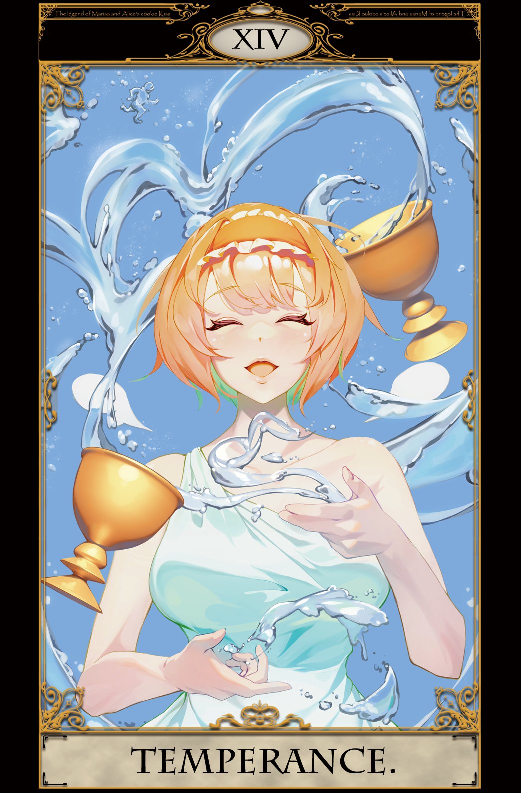 1girl alice_margatroid alternate_costume beji-kun blonde_hair breasts card_(medium) chalice closed_eyes commentary_request cookie_(touhou) cup dress frilled_hairband frills hairband highres hinase_(cookie) large_breasts open_mouth orange_hairband roman_numeral short_hair single_strap smile solo tarot tarot_(medium) temperance_(tarot) touhou upper_body water white_dress