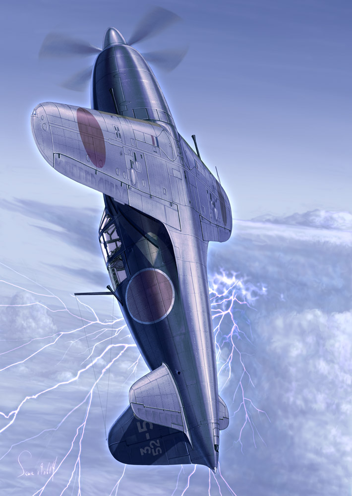 aircraft airplane cloud day electricity imperial_japanese_navy j2m3_raiden japan lightning military military_vehicle mitsubishi_j2m name_connection no_humans original pilot propeller_fighter real_life realistic same_(carcharodon) signature sky vehicle_focus world_war_ii