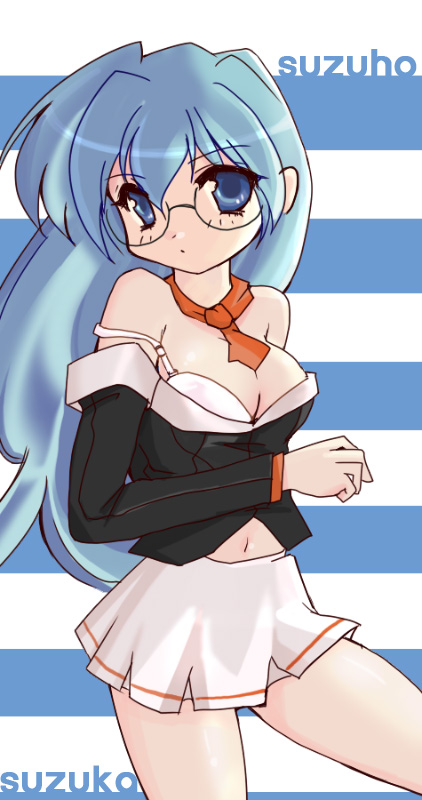 00s 1girl bad_id bad_pixiv_id blue_eyes blue_hair bra breasts female_focus glasses hasegawa_suzuho kusano_gurima large_breasts lingerie magician&#039;s_academy matching_hair/eyes navel necktie school_uniform serafuku solo underwear undressing