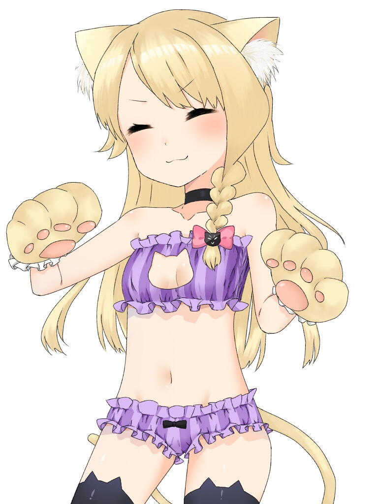 1girl :3 animal_ear_fluff animal_ear_legwear animal_ears animal_hands black_choker black_thighhighs blonde_hair blush bow bra breasts cat_cutout cat_ear_legwear cat_ears cat_girl cat_lingerie cat_tail chanpuru_(nicoseiga_67544477) choker closed_eyes closed_mouth clothing_cutout commentary_request cookie_(touhou) cowboy_shot frilled_bra frilled_panties frills gloves kemonomimi_mode kirisame_marisa long_hair meme_attire panties paw_gloves pink_bow purple_bra purple_panties simple_background small_breasts smile solo suzu_(cookie) tail thighhighs touhou underwear underwear_only white_background