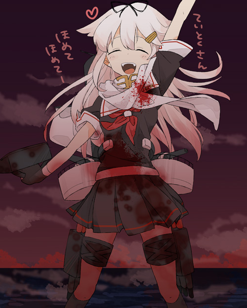 1girl arm_up black_gloves black_ribbon black_skirt blonde_hair blood blood_on_clothes closed_eyes gloves hair_flaps hair_ornament hair_ribbon hairclip heart kantai_collection kinari long_hair neckerchief open_mouth outdoors pleated_skirt red_neckerchief red_sky ribbon sailor_collar scarf school_uniform serafuku skirt sky solo white_sailor_collar white_scarf yuudachi_(kancolle) yuudachi_kai_ni_(kancolle)
