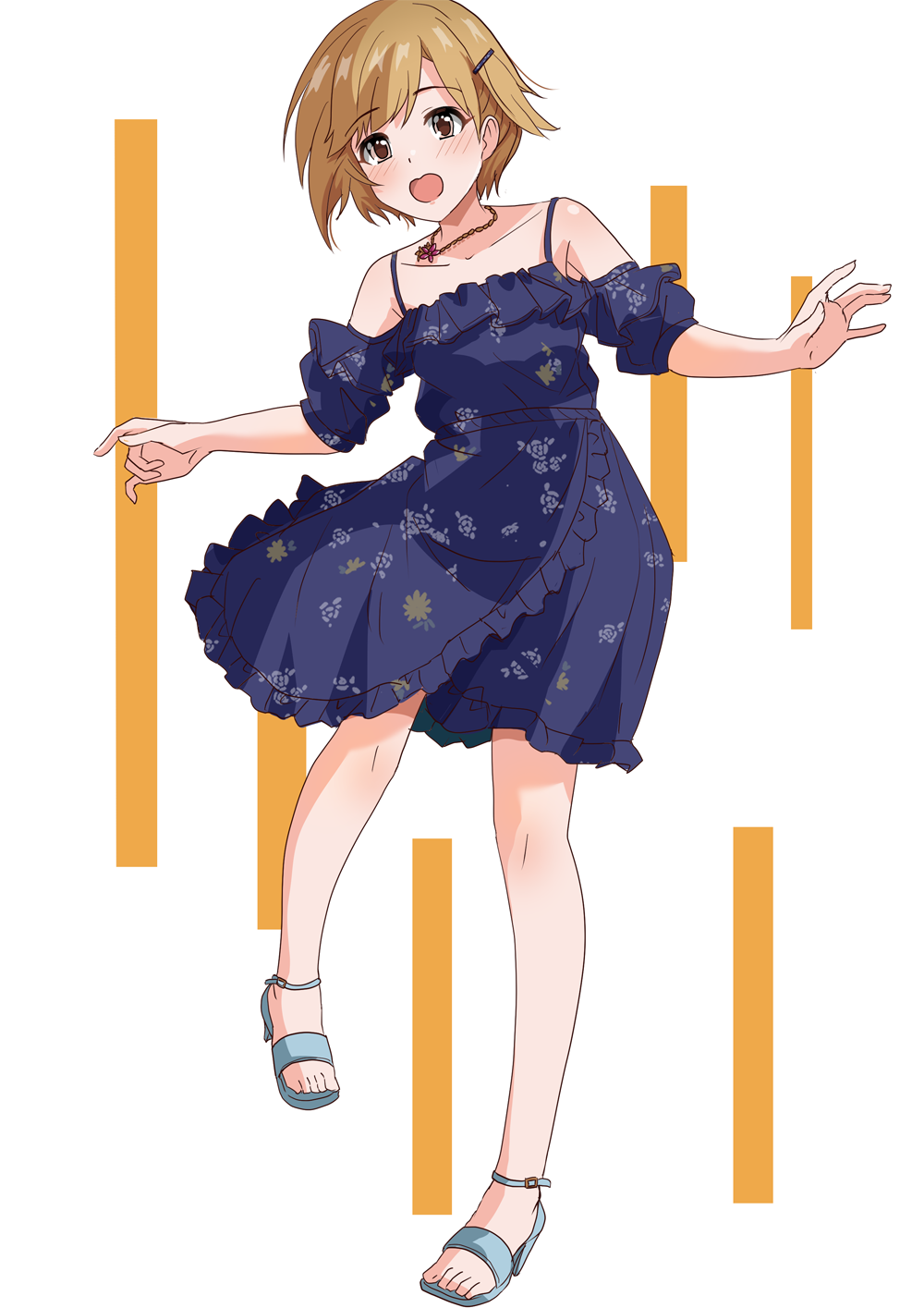 1girl aiba_yumi blue_dress brown_eyes brown_hair collarbone dress floral_print full_body hair_ornament hairclip high_heels highres idolmaster idolmaster_cinderella_girls illustscody jewelry necklace no_socks open_mouth short_hair toes