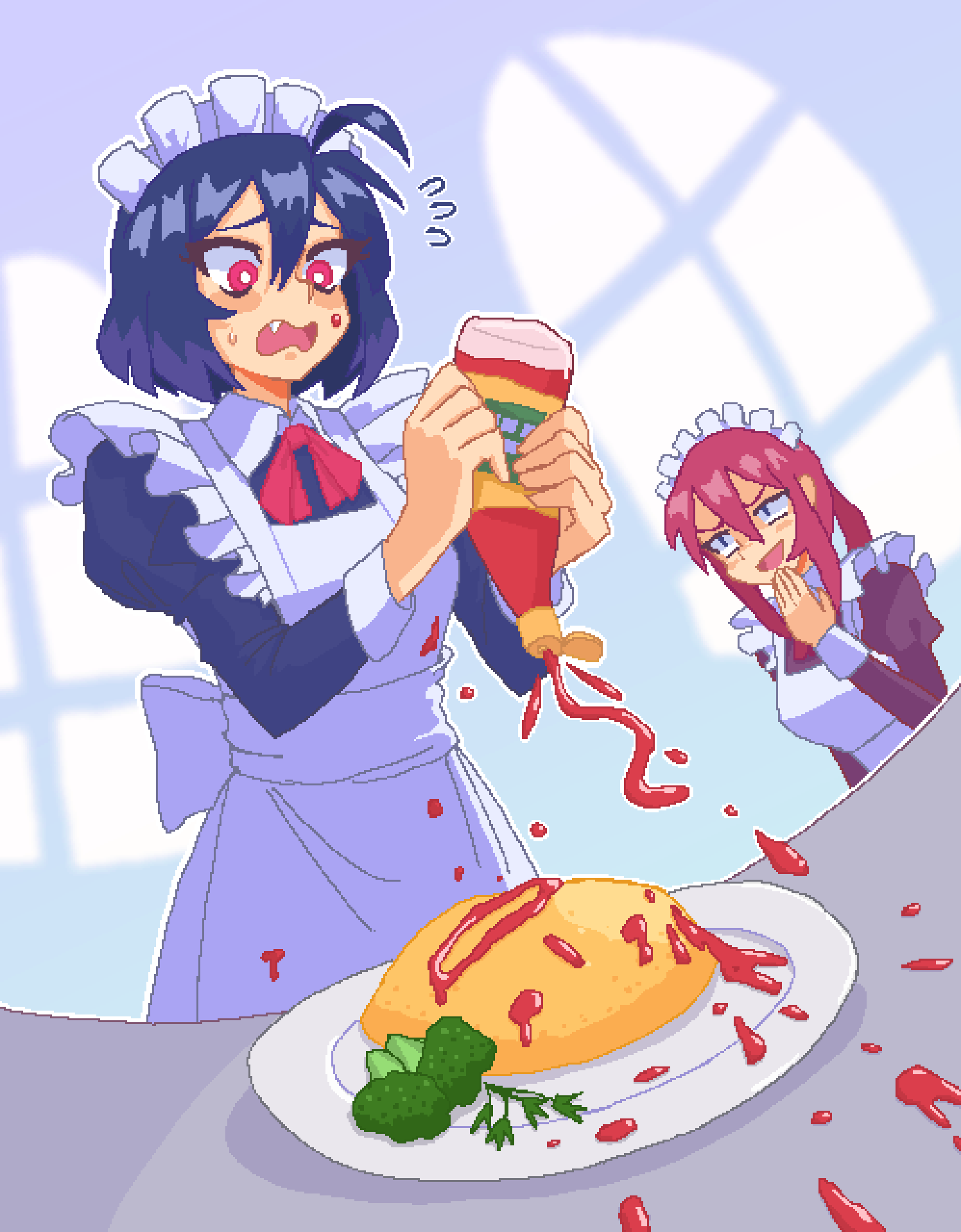 2girls :d ahoge alternate_costume apron blue_hair bottle bow bowtie broccoli commentary endless_monday:_dreams_and_deadlines english_commentary enmaided fang flying_sweatdrops food hair_between_eyes hana_(hcnone) hcnone highres holding holding_bottle juliet_sleeves ketchup_bottle laughing long_sleeves looking_at_another maid maid_apron maid_headdress multiple_girls omelet omurice open_mouth original pink_bow pink_bowtie pink_hair pixel_art plate puffy_sleeves short_hair skye_(hcnone) smile squeeze_bottle squeezing squirting_liquid table white_apron