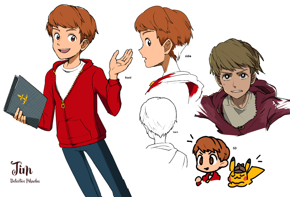 1boy book brown_eyes brown_hair clothed_pokemon detective_pikachu_(character) detective_pikachu_(game) detective_pikachu_(series) from_behind from_side gen_1_pokemon holding holding_book male_focus nintendo open_mouth pikachu pokemon teeth tim_goodman upper_teeth_only white_background yukinari00masara