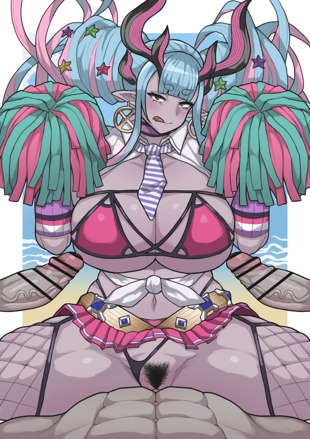 1girl 3boys abs bar_censor beach bikini bikini_bottom_aside breasts censored cheerleader cleavage clothing_aside colored_skin cowgirl_position earrings erection fate/grand_order fate_(series) fishnet_thighhighs fishnets girl_on_top gradient_hair grey_skin hetero highres horns huge_breasts ibuki_douji_(fate) ibuki_douji_(swimsuit_berserker)_(fate) ibuki_douji_(swimsuit_berserker)_(second_ascension)_(fate) jewelry long_hair miniskirt monster_girl multicolored_hair multiple_boys naughty_face navel necktie ocean oni oni_horns open_clothes open_shirt penis pink_bikini pink_hair pink_skirt pointy_ears pom_pom_(cheerleading) pov purple_hair red_eyes sex shirt sidelocks skindentation skirt smile stomach straddling striped_neckwear swimsuit thighhighs thong thong_bikini tongue tongue_out twintails two-tone_hair underboob vaginal very_long_hair white_neckwear white_shirt wide_hips yamadare