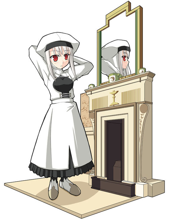 1girl blush cosplay dress expressionless fate/stay_night fate_(series) fireplace full_body illyasviel_von_einzbern kaze_shibuki leysritt_(fate) leysritt_(fate)_(cosplay) long_sleeves maid mirror red_eyes reflection sidelocks solo white_dress white_hair white_headwear