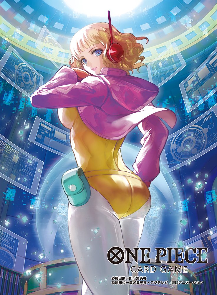 1girl belt_pouch blonde_hair blue_eyes blunt_bangs commentary_request copyright_name cowboy_shot gloves headphones hood hooded_jacket jacket leotard looking_back medium_hair moreshan official_art one_piece one_piece_card_game pink_jacket pouch smile solo stussy_(one_piece) wavy_hair yellow_leotard