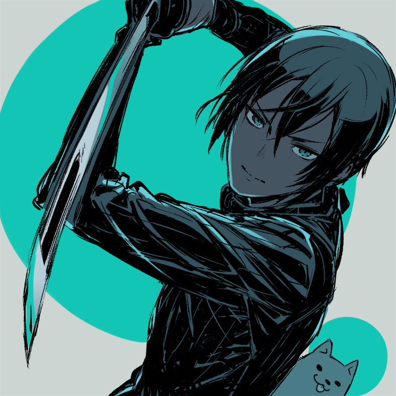 1boy dog hair_between_eyes holding_sword kino_no_tabi kuroboshi_kouhaku riku_(kino_no_tabi) shizu_(kino_no_tabi) short_hair sword upper_body weapon