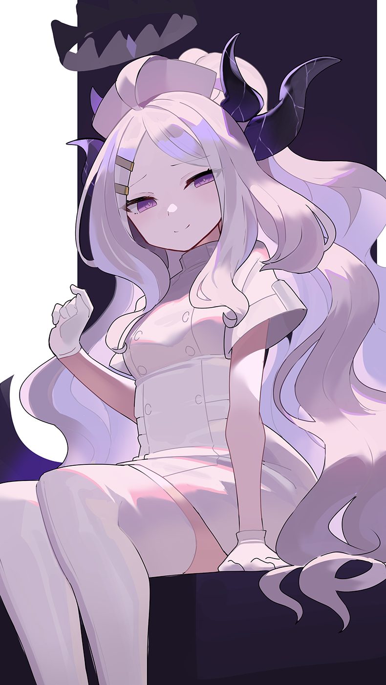 1girl alternate_costume black_halo black_horns blue_archive closed_mouth commentary_request falken_(yutozin) gloves halo hat highres hina_(blue_archive) horns long_hair looking_at_viewer nurse nurse_cap purple_eyes sitting smile solo thighhighs white_gloves white_hat white_thighhighs