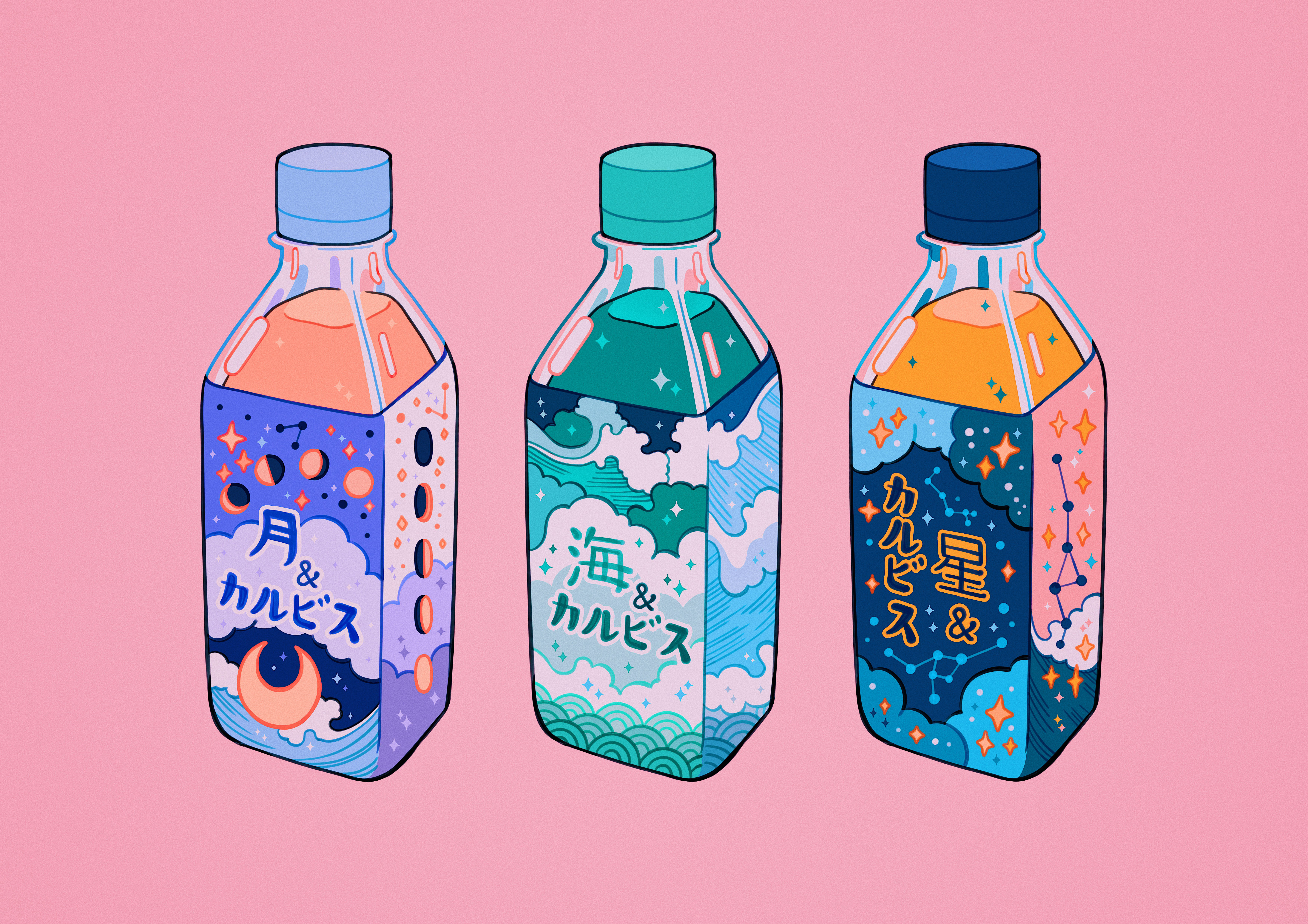 absurdres bottle calpis cloud constellation crescent_moon drink full_moon gibbous_moon half_moon highres label meyoco moon moon_phases new_moon no_humans original pink_background seigaiha simple_background sparkle star_(sky) waves