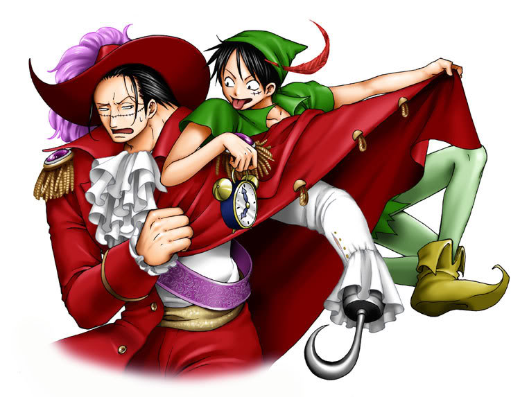 2boys alternate_costume amputee ascot black_hair captain_hook captain_hook_(cosplay) clock cosplay crocodile_(one_piece) disney epaulettes eye_contact green_shirt hat hat_feather hook_hand jacket looking_at_another male_focus monkey_d._luffy multiple_boys one_piece peter_pan peter_pan_(cosplay) red_headwear red_jacket scar shirt short_sleeves simple_background tongue tongue_out tunic walt_disney&#039;s_peter_pan white_background
