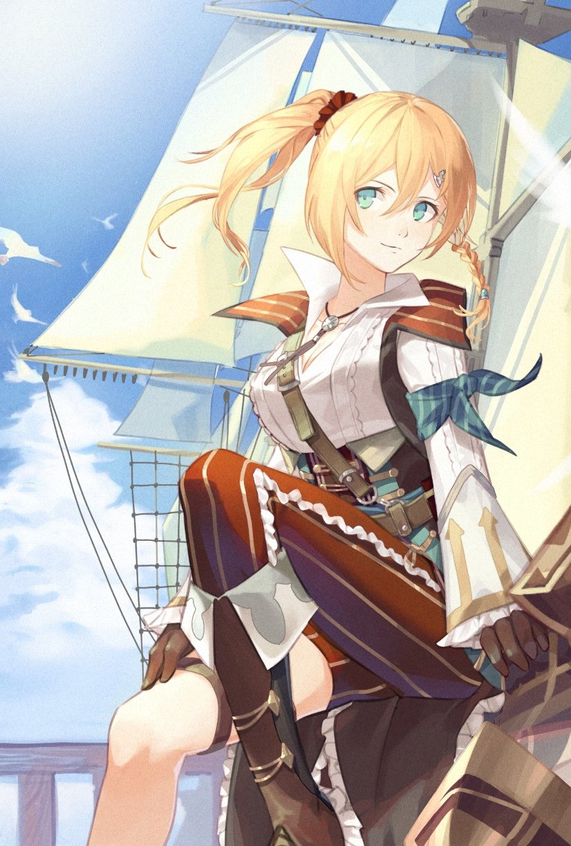1girl artist_request asymmetrical_legwear bird blonde_hair blue_sky braid breasts brown_gloves chinese_commentary cloud double-parted_bangs floating_hair frilled_sleeves frills gloves green_eyes hair_between_eyes highres karja_balta large_breasts long_hair long_sleeves ponytail ship side_braid side_ponytail single_braid sky smile solo watercraft ys ys_x:_nordics
