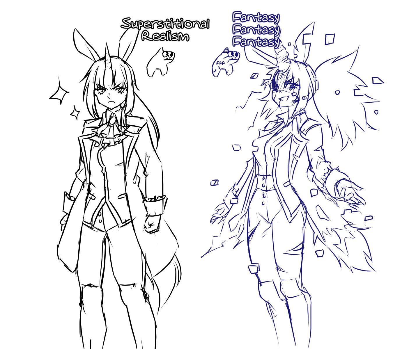 2girls animal_ears ascot breasts brooch center_opening cleavage clenched_hands coat collared_coat collared_shirt commentary english_commentary evil_smile frown glaring high-waist_pants highres horse_ears horse_girl horse_race_tests horse_tail injury jacket jewelry multiple_girls multiple_monochrome no_shirt open_hands open_mouth outstretched_arms pants personification ponytail shaded_face shirt simple_background sleeve_cuffs smile spread_arms superstitional_realism tail torn_clothes unicorn_girl unicorn_horn vixenofthestars white_background wide_ponytail