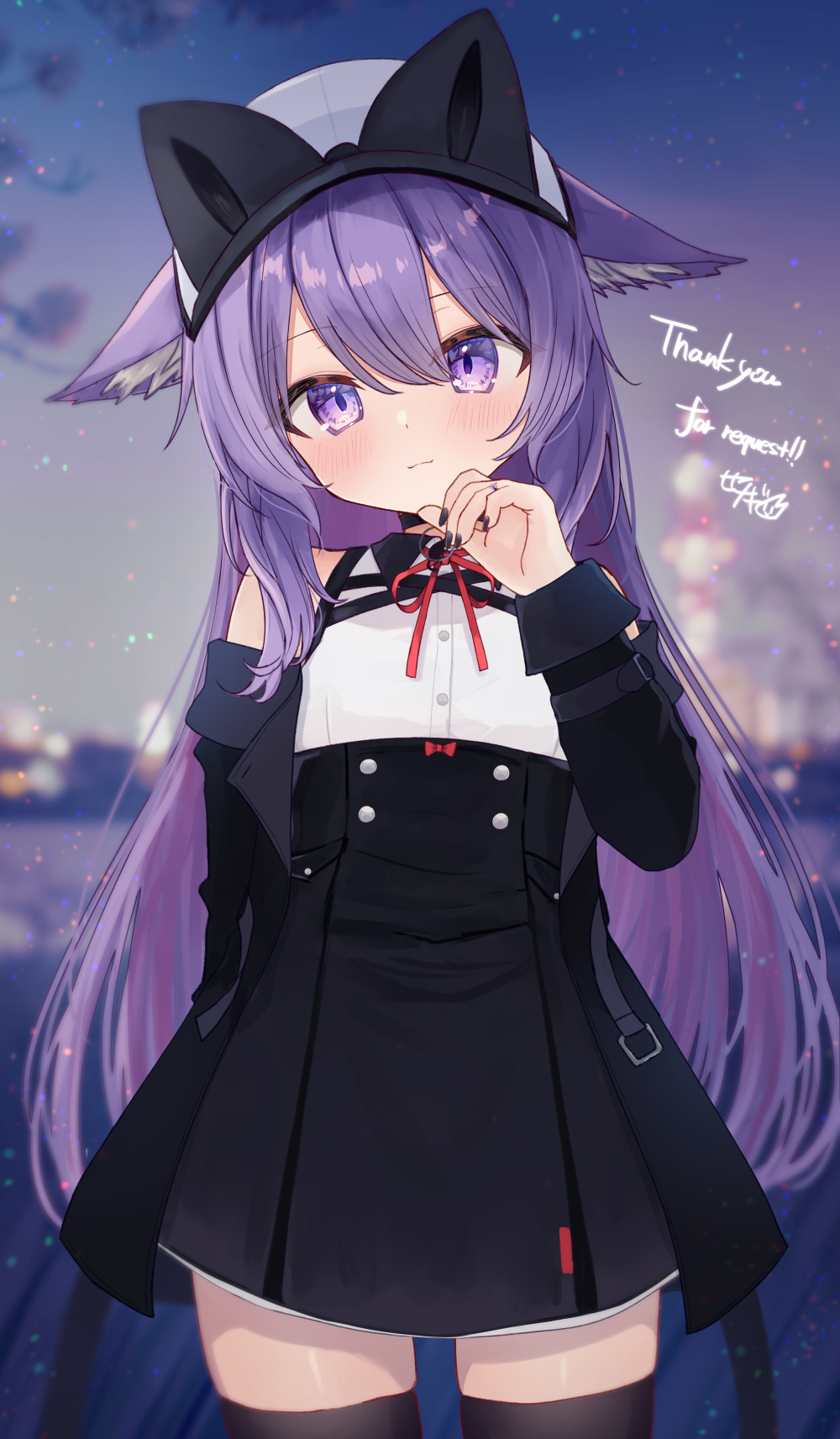 1girl animal_ear_fluff animal_ears animal_hat bare_shoulders black_choker black_jacket black_nails black_skirt black_thighhighs blurry blurry_background blush buttons cat_ears choker closed_mouth collared_shirt cowboy_shot hair_between_eyes hand_up hat head_tilt high-waist_skirt highres jacket kikyo_(vrchat) long_hair long_sleeves looking_at_viewer milestone_celebration nail_polish neck_ribbon night off_shoulder open_clothes open_jacket outdoors purple_eyes purple_hair ribbon sese_nagi shirt skirt sleeveless sleeveless_shirt smile solo thank_you thighhighs very_long_hair vrchat white_shirt zettai_ryouiki