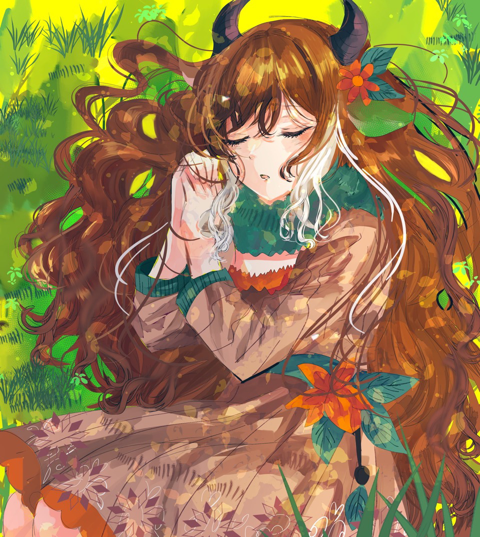 1girl black_horns brown_dress brown_hair closed_eyes dan_(syet) dress flower gen_6_pokemon gogoat grass horns long_hair lying multicolored_hair nintendo on_back outdoors own_hands_together personification pokemon sleeping solo streaked_hair very_long_hair white_hair