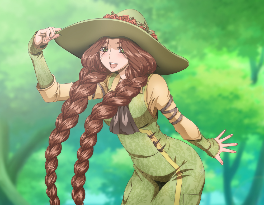 1girl animification braid brown_hair commentary_request flower freckles green_eyes hand_on_headwear harry_potter_(series) hat hat_flower hogwarts_legacy kaname_aomame long_hair long_sleeves looking_at_viewer mirabel_garlick open_mouth overalls smile solo tree twin_braids upper_body wizarding_world