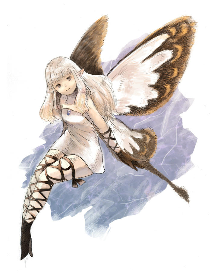 1girl airy_(bravely_default) bare_shoulders black_gloves bravely_default:_flying_fairy bravely_default_(series) butterfly_wings dress fairy fairy_wings female_focus gloves grey_eyes insect_wings long_hair ma-hain-scarlet pointy_ears short_dress sketch smile solo strapless strapless_dress thigh_strap thighhighs white_dress white_hair wings