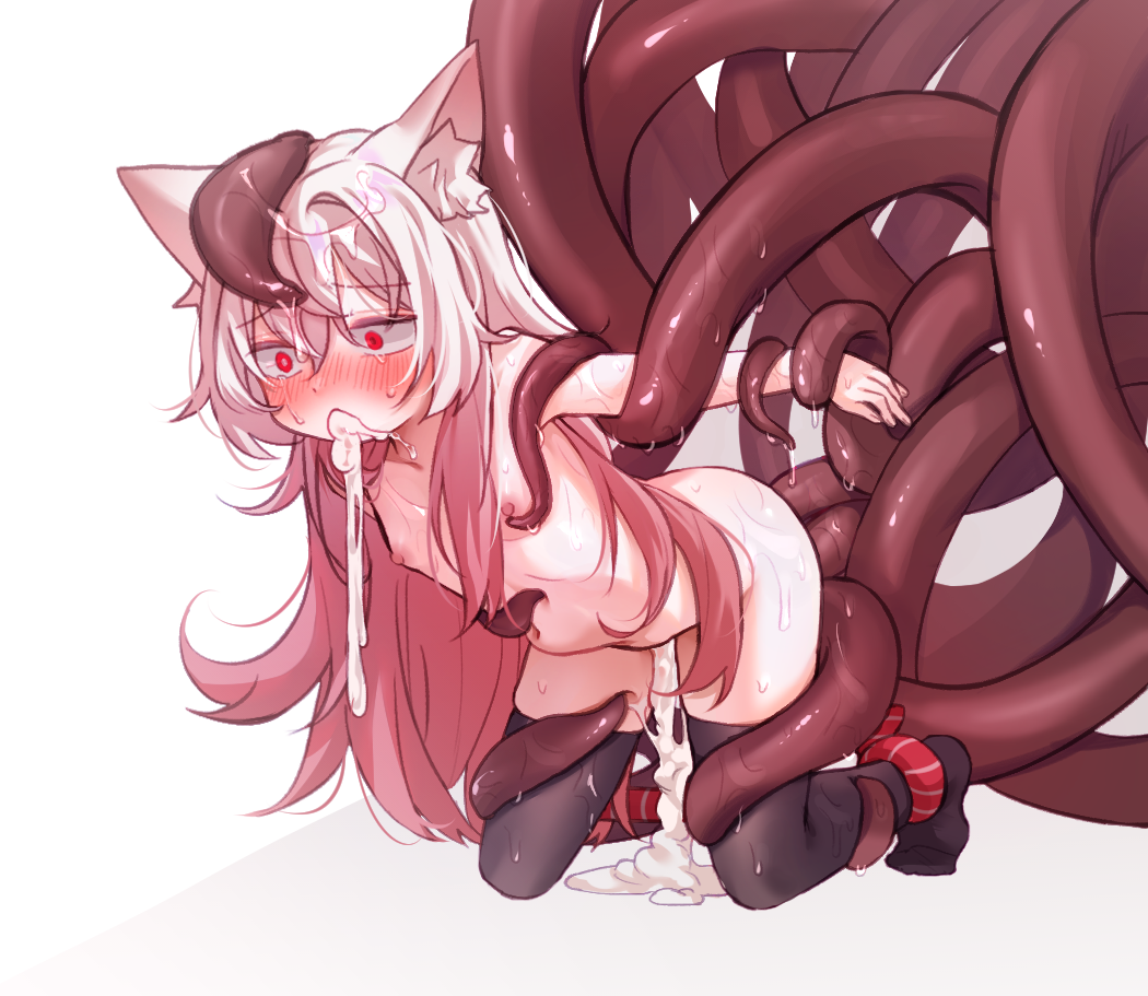 1girl all_the_way_through anal animal_ear_fluff animal_ears artist_request black_thighhighs blush breasts crying cum double_penetration ejaculation fox_ears fox_girl full_body grabbing_another&#039;s_arm gradient_hair kneeling large_insertion long_hair multicolored_hair navel nude original pink_hair rape red_eyes restrained simple_background slimy small_breasts stomach_bulge tears tentacle_sex tentacles thigh_grab thighhighs vomit vomiting_cum white_background white_hair