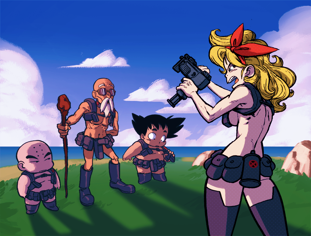 1girl 3boys aged_down angry arm_behind_back back backboob bald beard belt_pouch black_hair black_thighhighs blonde_hair boots breasts cane child cloud cosplay cowboy_shot crossdressing crossover day dragon_ball dragon_ball_(classic) facial_hair full_body grass gun hair_ribbon holster kill_la_kill knee_boots kuririn long_hair looking_at_another lunch_(bad)_(dragon_ball) lunch_(dragon_ball) machine_pistol medium_breasts multiple_boys mustache muten_roushi nubba nudist_beach_uniform ocean old old_man open_mouth outdoors parody pouch revealing_clothes ribbon shoulder_holster sideboob sky son_goku spiked_hair staff standing submachine_gun sunglasses thigh_boots thighhighs uzi weapon white_beard