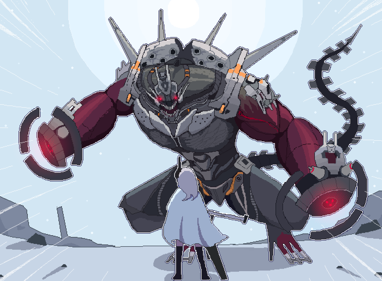 1girl 1other armored_boots battle boots chatterbox_(nikke) cloak fighting from_behind glowing glowing_eyes goddess_of_victory:_nikke gun holding holding_weapon long_hair mechanical_tail non-humanoid_robot pixel_art rapture_(nikke) rifle robot sealssugiyama snow_white_(nikke) tail visor_(armor) weapon white_cloak white_hair