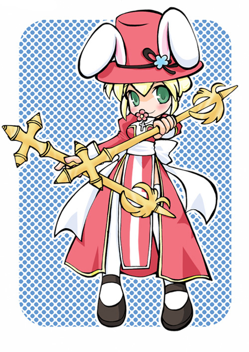 1girl animal_ears back_bow black_shoes blonde_hair blue_background bow closed_mouth commentary_request cross cross_necklace dress dual_wielding fake_animal_ears flower flower_in_mouth full_body green_eyes hat high_priest_(ragnarok_online) holding holding_staff jewelry juliet_sleeves long_sleeves looking_at_viewer necklace pelvic_curtain pink_dress pink_flower pink_hat polka_dot polka_dot_background puffy_sleeves rabbit_ears ragnarok_online sash shoes smile solo staff thighhighs two-tone_dress white_background white_bow white_dress white_sash white_thighhighs yazawa_kazuki