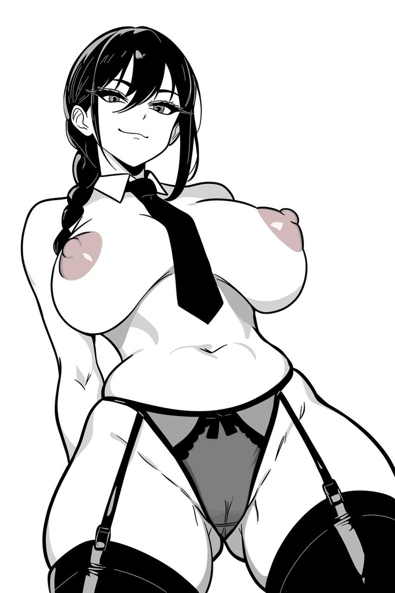 1girl aged_up alternate_breast_size arms_behind_back between_breasts black_hair braid braided_ponytail breasts breasts_apart chainsaw_man cleft_of_venus closed_mouth cowboy_shot detached_collar dot_nose eyebrows eyelashes female_focus from_below garter_straps highres huge_breasts large_breasts lingerie long_hair looking_at_viewer looking_down low_ponytail monochrome mordredpenx navel nayuta_(chainsaw_man) necktie necktie_between_breasts nipples panties ponytail ringed_eyes shiny_clothes simple_background smile smug solo spot_color standing thighhighs topless_female underwear unusual_pupils