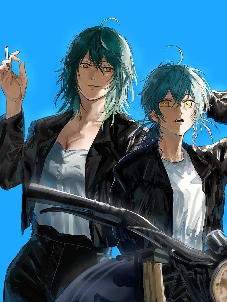 2girls akao_akira akao_rion asagi_(0w0) black_jacket black_pants blue_sky breasts cigarette cleavage day hair_between_eyes hand_up jacket long_hair long_sleeves medium_breasts messy_hair motor_vehicle motorcycle multiple_girls open_mouth outdoors pants sakamoto_days shirt sky white_shirt yellow_eyes