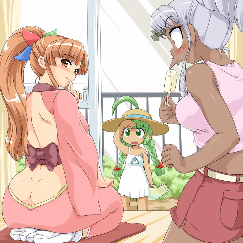 3girls 95-tan ahoge ass backless_outfit bare_back bare_shoulders blush bow braid brown_eyes brown_hair butt_crack dark-skinned_female dark_skin dimples_of_venus dress female_focus finger_to_mouth food green_hair hair_bow hat high_ponytail indoors long_hair looking_back me-tan midriff multiple_girls no_bra no_panties obi open_mouth os-tan ponytail popsicle sash screw seiza short_shorts shorts shushing sign silver_hair sitting smile spit_take spitting strap_slip straw_hat sun_hat sundress surprised tabi tan toushi_ryoku twin_braids vista-tan vistake wariza warning_sign white_dress white_legwear
