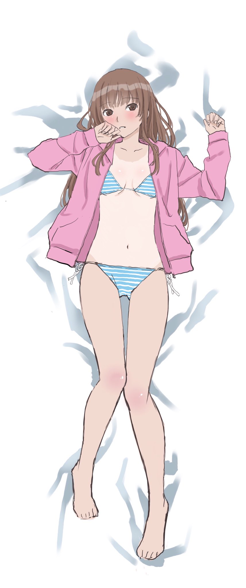1girl amagami barefoot bikini blunt_bangs breasts brown_eyes brown_hair dakimakura_(medium) highres jacket kamizaki_risa long_hair looking_at_viewer navel one-piece_tan pink_jacket side-tie_bikini_bottom small_breasts solo striped_bikini striped_clothes swimsuit tan tanline warder2013 wavy_hair
