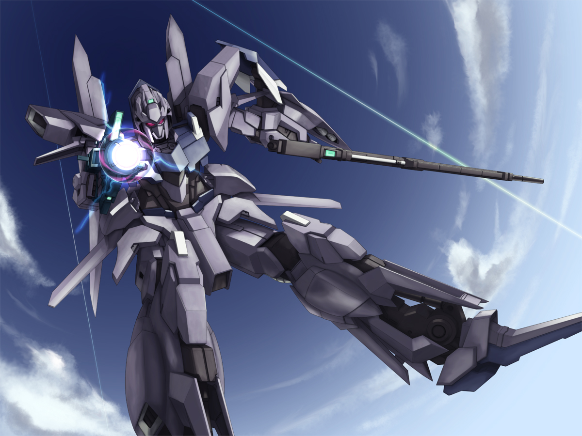 cloud day delta_plus gun gundam gundam_unicorn laser mecha nagi-kaze no_humans robot sky solo weapon