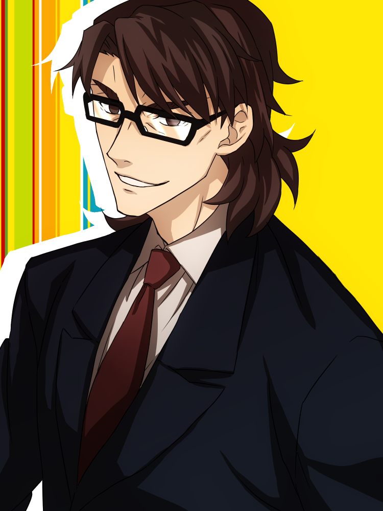 1boy bad_id bad_pixiv_id brown_eyes brown_hair cheekbones dairii fate/stay_night fate/tiger_colosseum fate_(series) formal_clothes glasses kotomine_kirei looking_at_viewer male_focus necktie solo suit