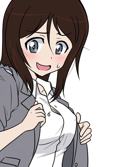 1girl alternate_costume blue_eyes blush breasts brown_hair cleavage collared_shirt covered_erect_nipples girls_und_panzer grey_jacket jacket large_breasts long_hair megumi_(girls_und_panzer) partially_unbuttoned saunders_school_uniform school_uniform shirt sweatdrop tight_clothes wakku_kan white_shirt