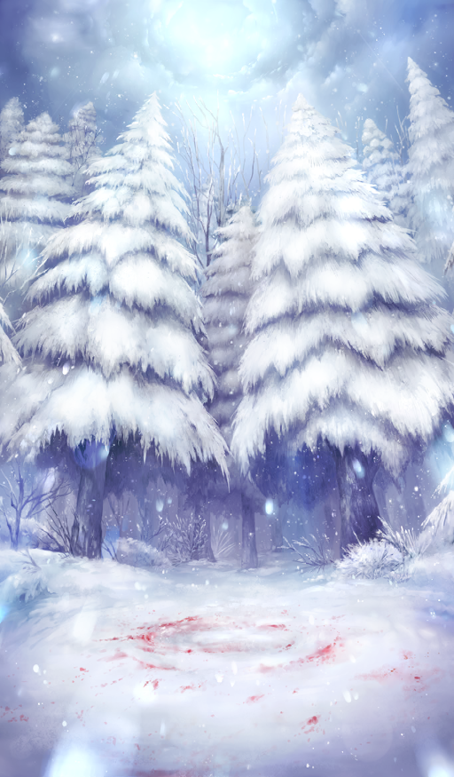 ambiguous_red_liquid bare_tree commentary fate/grand_order fate_(series) fir_tree nature no_humans official_art outdoors overcast sakumamitsuro scenery sky snow snowing snowscape still_life sunlight third-party_source tree white_theme