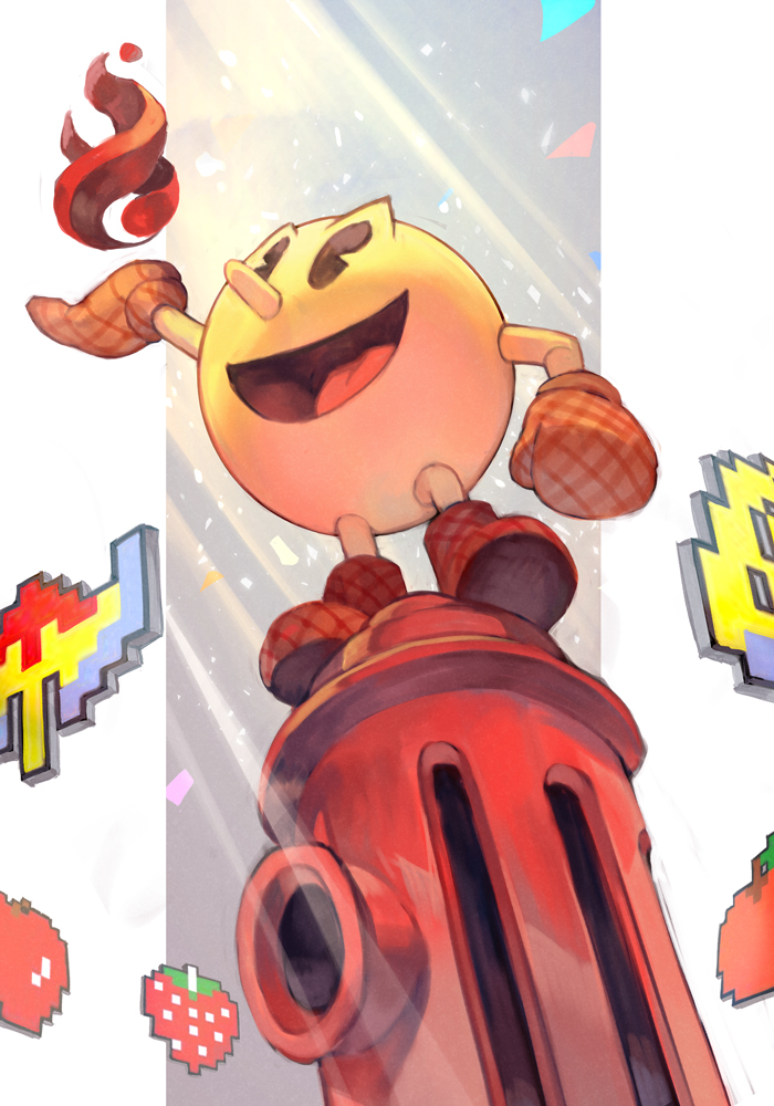 8-bit black_eyes boots fire fire_hydrant food fruit gloves hungry_clicker long_nose looking_up namco nintendo nose open_mouth pac-man pac-man_(game) smile solo standing strawberry sunlight super_smash_bros. tongue