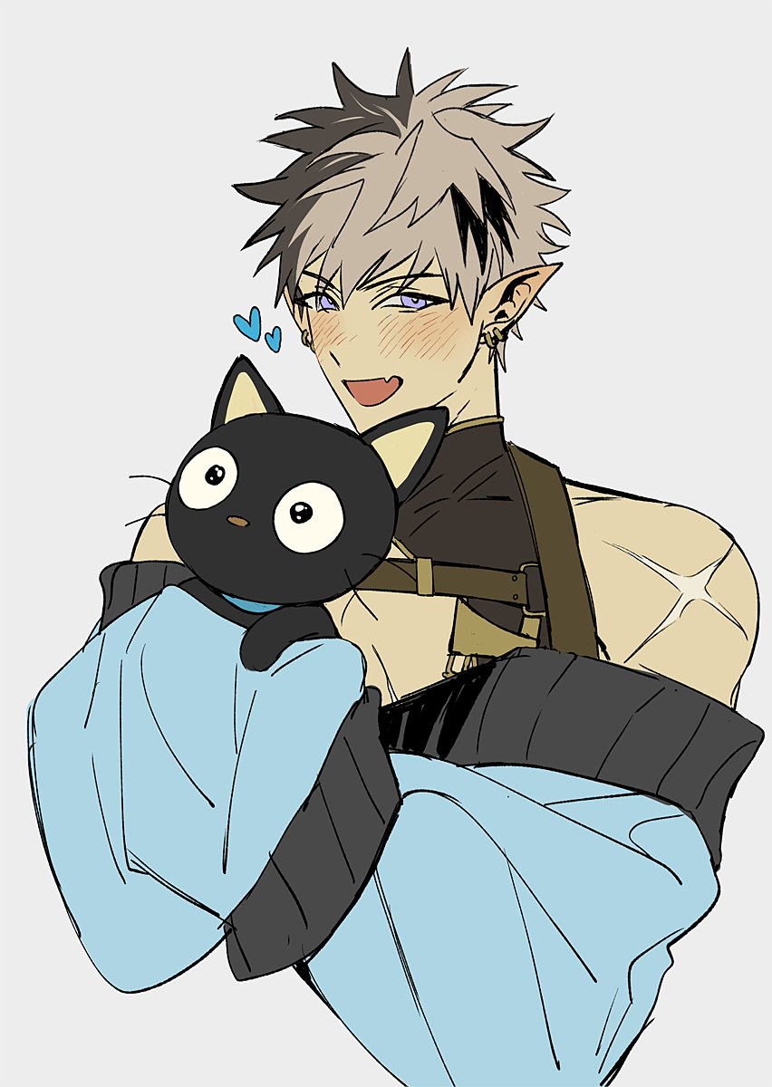 1boy animal belt black_cat black_shirt blue_sweater blush brown_hair cat chest_belt chest_harness chococat cleavage_cutout clothing_cutout crimzon_ruze d0gpeace ear_piercing earrings fang grey_background harness heart highres holding holding_animal holding_cat holostars holostars_english jewelry male_focus multicolored_hair piercing pointy_ears purple_eyes sanrio scar scar_on_shoulder shirt simple_background skin_fang sleeveless sleeves_past_wrists sweater two-tone_hair upper_body virtual_youtuber