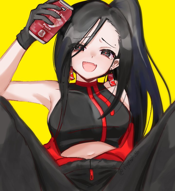 1girl alternate_hairstyle armpit_peek bare_shoulders black_eyes black_gloves black_pants breasts butcher_vanity_(synthesizer_v) can collarbone crop_top earrings fang food-themed_earrings gloves holding holding_can jewelry large_breasts long_hair mole mole_above_eye navel open_mouth pants ponytail pov red_pupils red_trim simple_background sitting skin_fang smile solo synthesizer_v tsui55 very_long_hair yellow_background yi_xi_(synthesizer_v) zipper