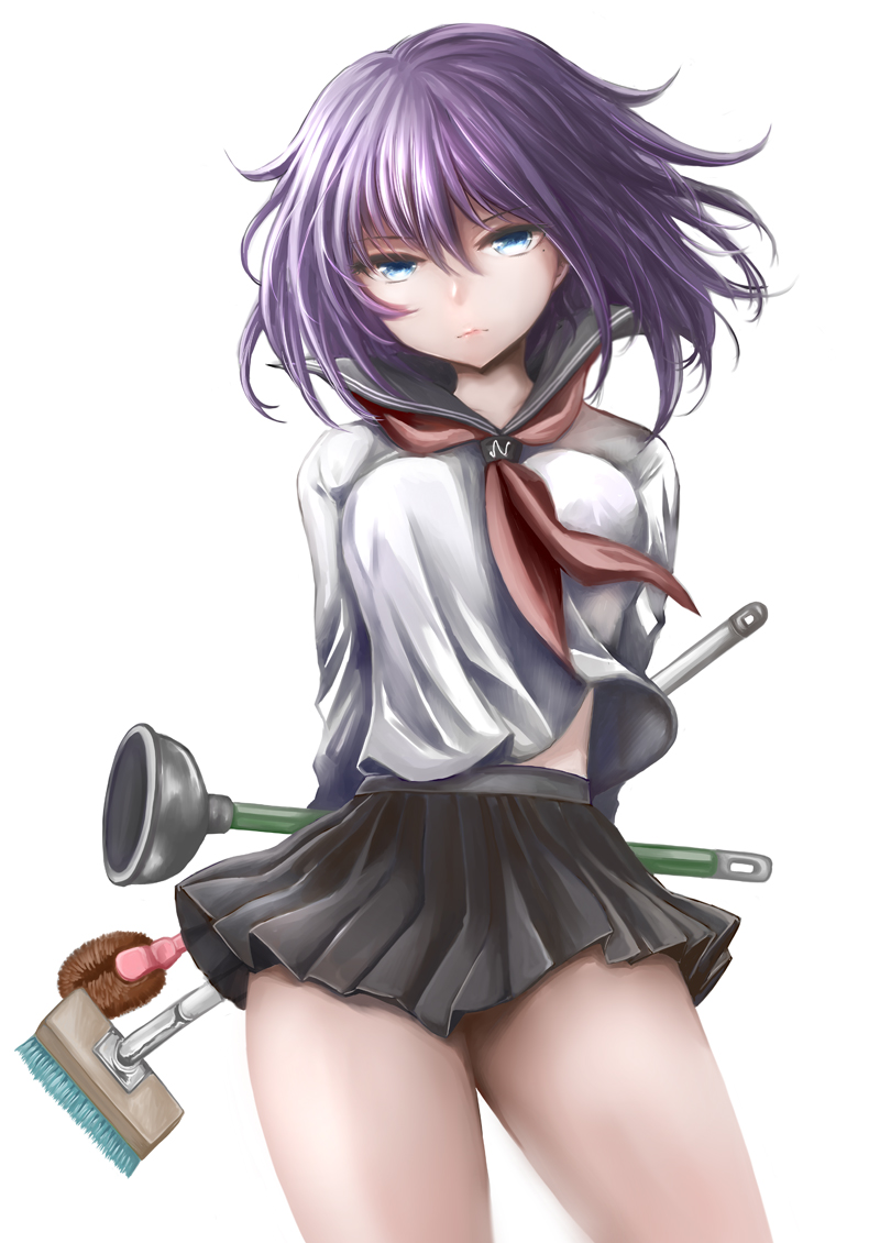 1girl amaguri_senko arms_behind_back blue_eyes breasts cleaning_brush contrapposto cowboy_shot female_focus hair_between_eyes henjo_~hen_na_joshi_kousei_amaguri_senko~ holding looking_at_viewer midriff_peek miniskirt mole mole_under_eye neckerchief original pleated_skirt purple_hair school_uniform serafuku shirt short_hair simple_background skirt solo standing thighs ubizo