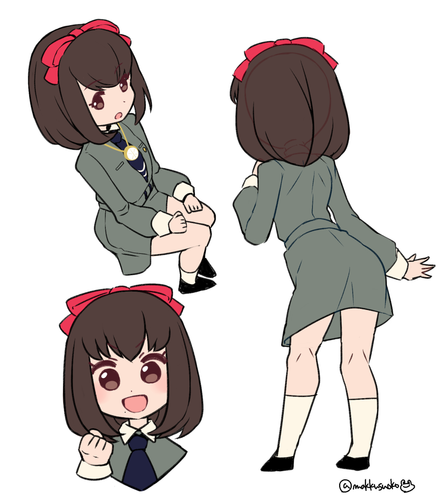 1girl :d brown_eyes brown_hair do_m_kaeru full_body hair_ribbon jewelry looking_at_viewer mole mole_under_mouth necklace necktie open_mouth persona persona_1 ribbon school_uniform short_hair simple_background skirt smile socks solo sonomura_maki st._hermelin_school_uniform twitter_username white_background