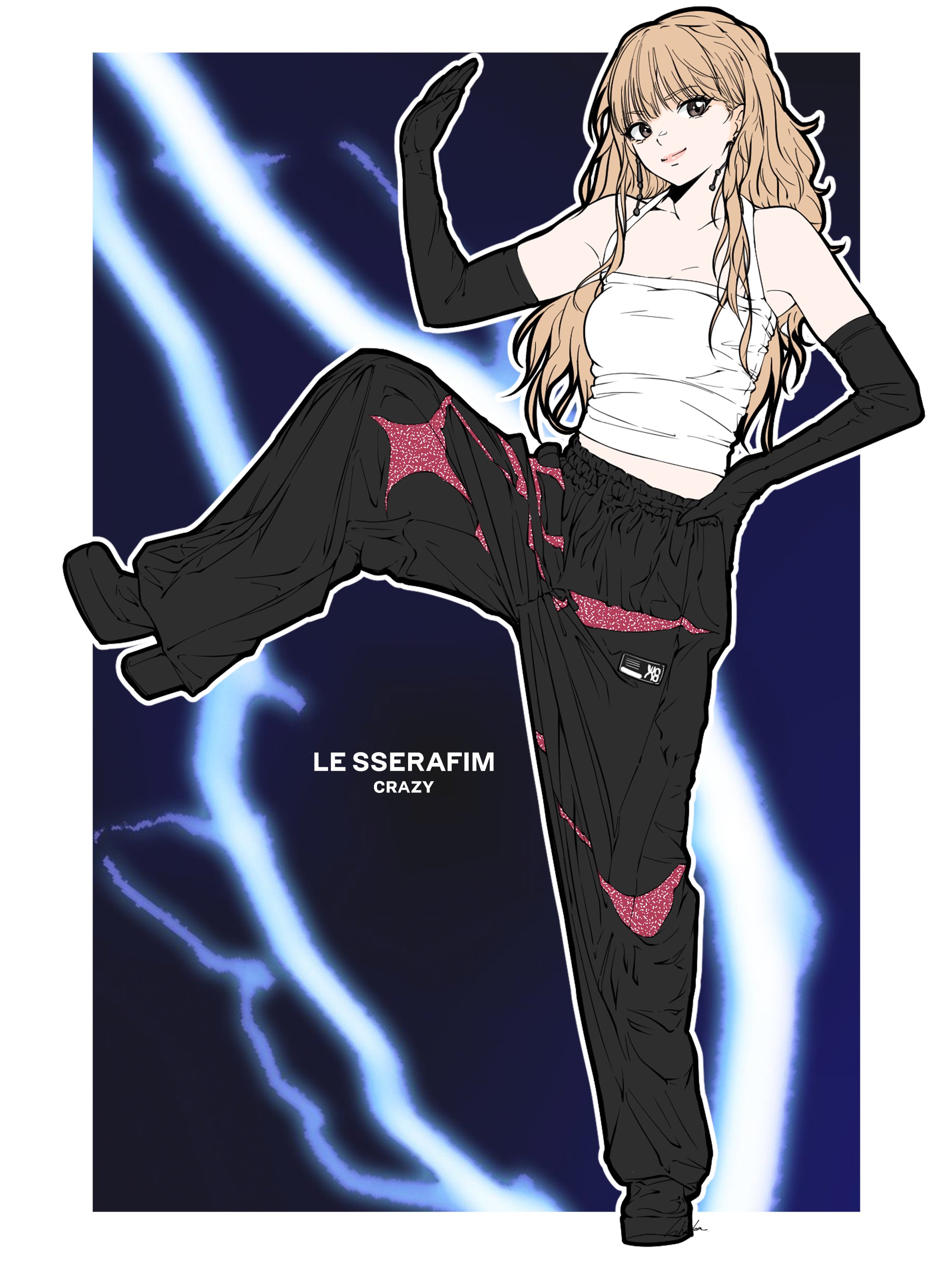 1girl absurdres bambi_surprise black_footwear black_gloves black_pants blonde_hair brown_hair camisole closed_mouth earrings elbow_gloves full_body gloves hand_on_own_hip highres jewelry knee_up le_sserafim long_hair looking_at_viewer loose_pants miyawaki_sakura pants solo white_camisole