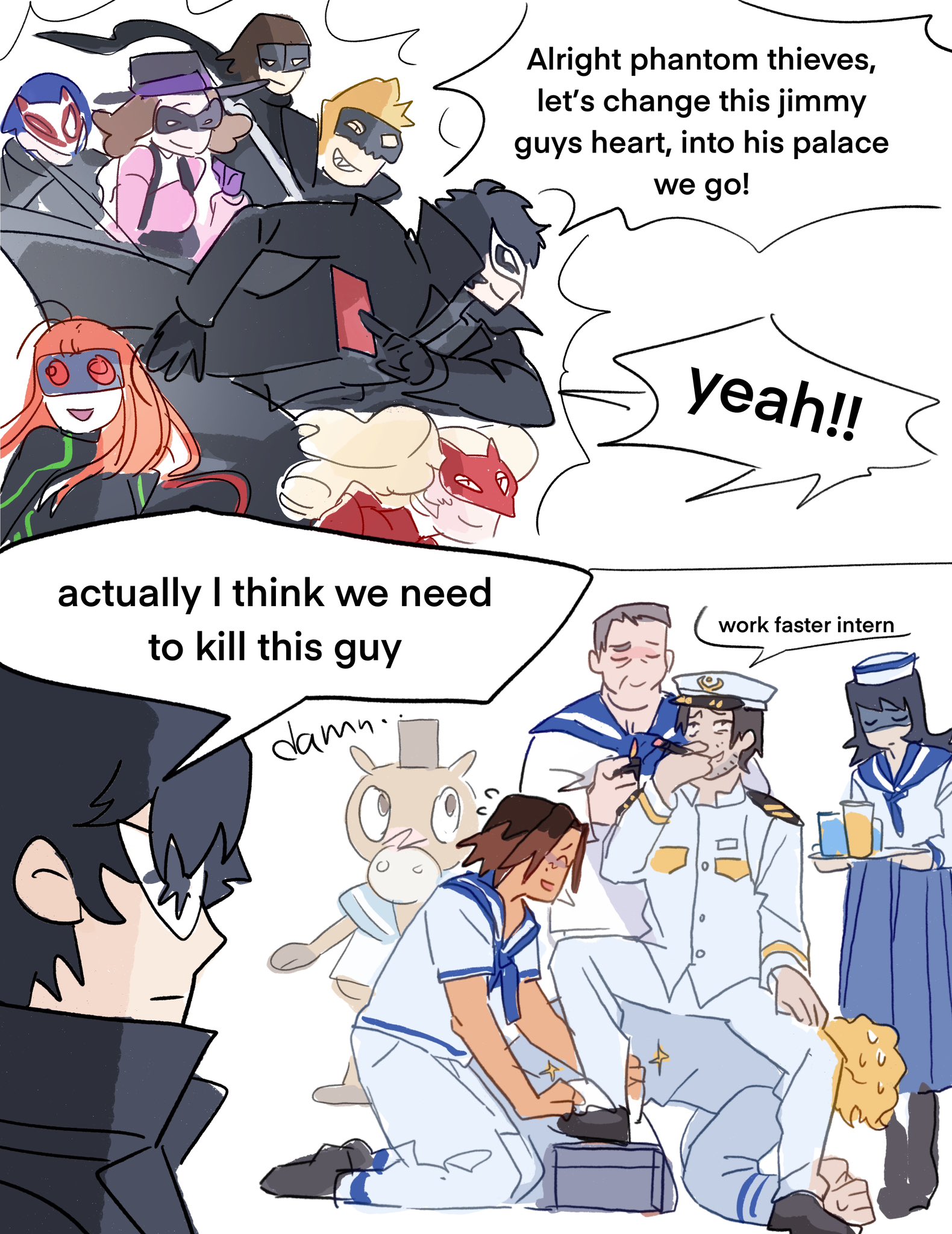 amamiya_ren anya_(mouthwashing) black_hair blonde_hair brown_eyes brown_hair curly_(mouthwashing) curly_(pre-crash)_(mouthwashing) daisuke_(mouthwashing) dule_(anhaidule) glasses gloves hat highres jimmy_(mouthwashing) kitagawa_yuusuke long_hair long_sleeves male_focus mask mouthwashing niijima_makoto okumura_haru open_mouth persona persona_5 red_eyes sakamoto_ryuuji sakura_futaba shirt short_hair smile swansea_(mouthwashing) takamaki_anne
