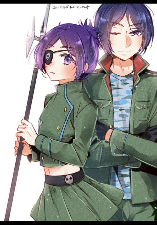 1boy 1girl chrome_dokuro commentary eyepatch green_jacket green_skirt holding holding_polearm holding_weapon jacket katekyo_hitman_reborn! midriff miniskirt navel one_eye_closed pleated_skirt polearm purple_eyes purple_hair rokudou_mukuro short_hair skirt smile spear symbol-only_commentary tianel_ent weapon
