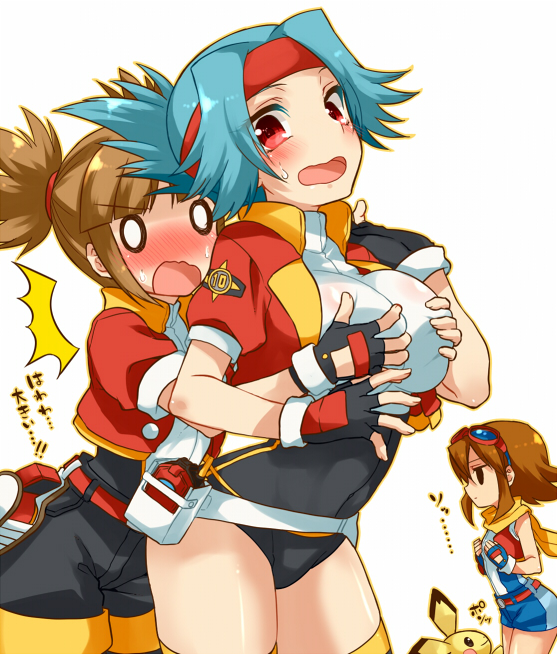 00s 0_0 3girls belt blue_hair blush body_blush breast_envy brown_hair fanny_pack fingerless_gloves gen_2_pokemon gloves goggles goggles_on_head grabbing_another&#039;s_breast groping headband hitomi_(pokemon_ranger) irouha jacket kate_(pokemon) leotard multiple_girls nintendo pichu pokemon pokemon_(creature) pokemon_ranger pokemon_ranger_1 pokemon_ranger_2 pokemon_ranger_3 red_eyes skin_tight solana_(pokemon) summer_(pokemon) sweat translated white_background yuri