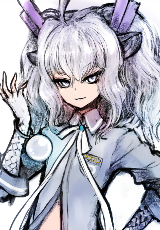 1girl animal_ears bow bowtie bracelet dragon_girl dragon_horns elbow_gloves extra_ears fingerless_gloves gloves grey_eyes horns ise_(0425) japari_symbol jewelry kemono_friends long_hair looking_at_viewer purple_hair purple_shirt shirt simple_background solo upper_body white_dragon_(kemono_friends)
