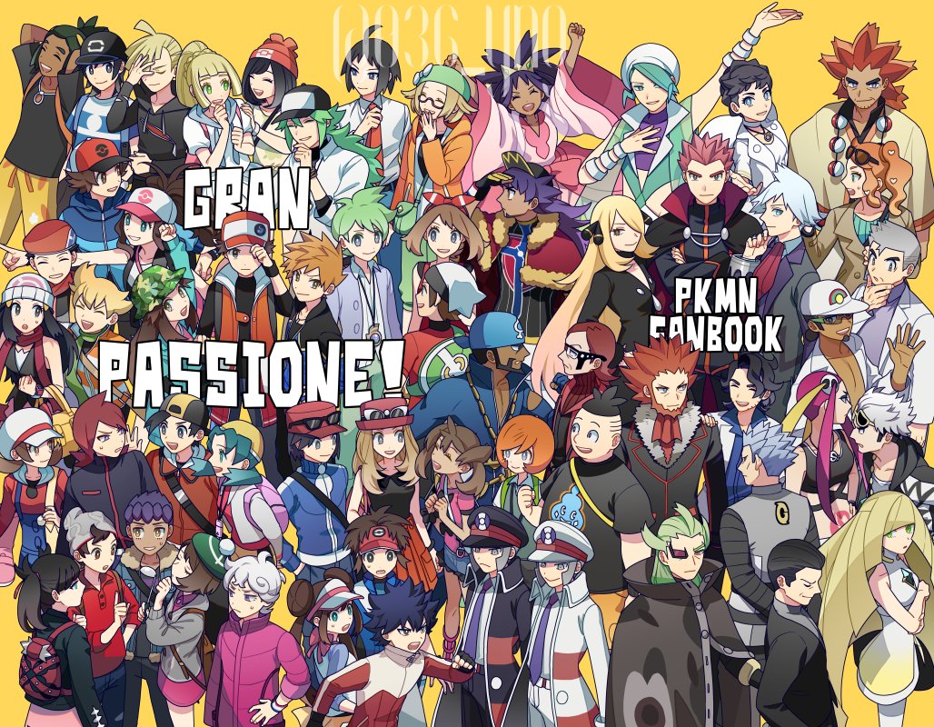 6+boys 6+girls :d ahoge alder_(pokemon) archie_(pokemon) arms_up professor_sycamore backpack bag barry_(pokemon) baseball_cap beanie bede_(pokemon) beret bianca_(pokemon) black_hair black_headwear black_jacket black_shirt blonde_hair blue_jacket blue_oak blue_oak_(sygna_suit) blue_overalls braid brendan_(pokemon) brown_hair buttons calem_(pokemon) cardigan cheren_(pokemon) closed_eyes closed_mouth coat collared_shirt commentary_request curly_hair cynthia_(pokemon) cyrus_(pokemon) dark-skinned_female dark-skinned_male dark_skin dawn_(pokemon) diantha_(pokemon) dress elio_(pokemon) emmet_(pokemon) ethan_(pokemon) eyepiece eyewear_on_headwear fingerless_gloves ghetsis_(pokemon) giovanni_(pokemon) gladion_(pokemon) glasses gloria_(pokemon) gloves green_eyes green_hair green_headwear grey_cardigan grey_hair grey_headwear grey_vest guzma_(pokemon) hand_up hat hau_(pokemon) hilbert_(pokemon) hilda_(pokemon) holding_strap hood hood_down hooded_jacket hop_(pokemon) hugh_(pokemon) ingo_(pokemon) iris_(pokemon) jacket kris_(pokemon) professor_kukui lance_(pokemon) leaf_(pokemon) leaf_(sygna_suit)_(pokemon) leon_(pokemon) lillie_(pokemon) logo long_hair lucas_(pokemon) lusamine_(pokemon) lyra_(pokemon) lysandre_(pokemon) marnie_(pokemon) maxie_(pokemon) may_(pokemon) multiple_boys multiple_girls n_(pokemon) nate_(pokemon) necktie nintendo open_clothes open_coat open_jacket open_mouth orange_jacket orange_necktie overalls pants pink_bag pink_dress plumeria_(pokemon) pokemon pokemon_bw pokemon_bw2 pokemon_dppt pokemon_hgss pokemon_masters_ex pokemon_oras pokemon_sm pokemon_swsh pokemon_xy ponytail red_(pokemon) red_(sygna_suit)_(pokemon) red_bag red_hair red_headwear red_scarf red_shirt rosa_(pokemon) professor_oak scarf selene_(pokemon) serena_(pokemon) shauna_(pokemon) shirt short_hair silver_(pokemon) sleeveless sleeveless_shirt smile sonia_(pokemon) spiked_hair steven_stone striped_clothes striped_shirt sunglasses t-shirt tierno_(pokemon) trevor_(pokemon) twitter_username undershirt vest victor_(pokemon) visor_cap wallace_(pokemon) wally_(pokemon) watermark white-framed_eyewear white_headwear white_shirt y_(036_yng) yellow_background yellow_bag