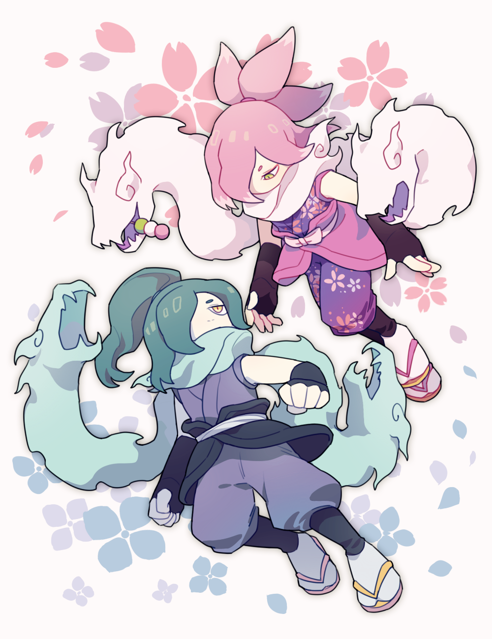 2boys aqua_eyes arms_at_sides black_gloves blue_scarf clenched_hands covered_mouth dango deformed dual_persona elbow_gloves fingerless_gloves floral_background floral_print flower_symbol fold-over_collar food full_body gloves highres jitome kyahan long_hair looking_at_another looking_to_the_side male_focus mino_(mino_cat) multiple_boys nostrils official_alternate_color one_eye_covered orochi_(youkai_watch) outline pants pink_hair ponytail print_pants print_shirt purple_shirt purple_shorts sakuraorochi sandals sanshoku_dango scarf scarf_over_mouth sentient_scarf shirt short_eyebrows shorts skirt sleeveless sleeveless_shirt socks split_ponytail wagashi white_background white_scarf white_skirt white_socks yellow_eyes yellow_sandals youkai_(youkai_watch) youkai_watch zouri