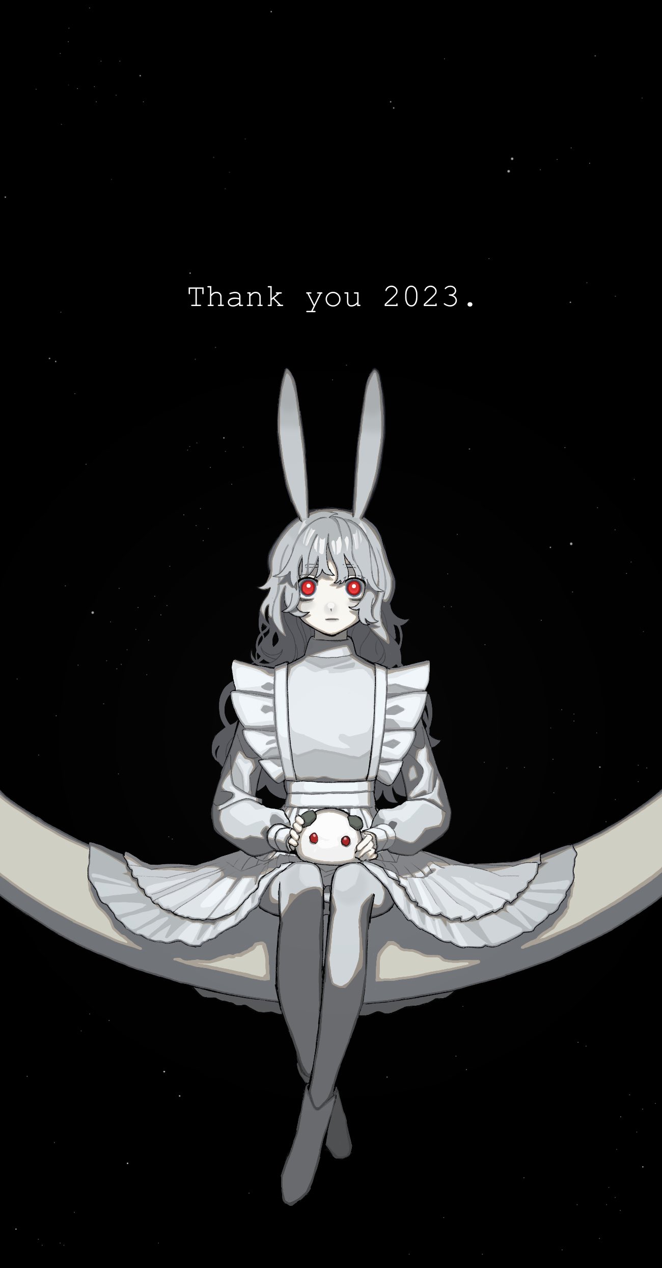 1girl 2023 absurdres animal_ears boots bright_pupils chinese_zodiac closed_mouth colored_skin crescent_moon crossed_ankles dress grey_boots grey_dress grey_hair grey_pantyhose highres long_hair long_sleeves moon on_moon original pantyhose rabbit_ears rabbit_girl red_eyes sitting snow_rabbit solo space star_(sky) star_(symbol) wavy_hair white_pupils white_skin year_of_the_rabbit yoshioka_suke