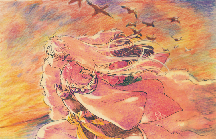 1boy 1girl animal armor bird black_hair carrying child facial_mark facing_away floating_hair flock from_side horizon inuyasha japanese_clothes kimono long_hair long_sleeves looking_ahead niko_(silent.whitesnow) one_side_up painting_(medium) pelt piggyback pointy_ears profile rin_(inuyasha) running sash sesshoumaru sky sleeves_past_fingers sleeves_past_wrists traditional_media twilight very_long_hair watercolor_(medium) white_hair wide_sleeves