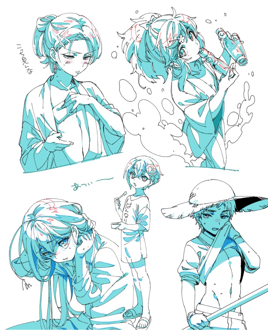 10s 5boys aizen_kunitoshi blush bottle clothes_lift color_trace flower gloves groin hair_flower hair_ornament hairclip hat holding hotarumaru kashuu_kiyomitsu looking_to_the_side male_focus midare_toushirou mole mole_under_mouth multiple_boys ponytail ramune sandals shirt_lift shuri_(84k) sun_hat sweat touken_ranbu touken_ranbu:_hanamaru yamato-no-kami_yasusada