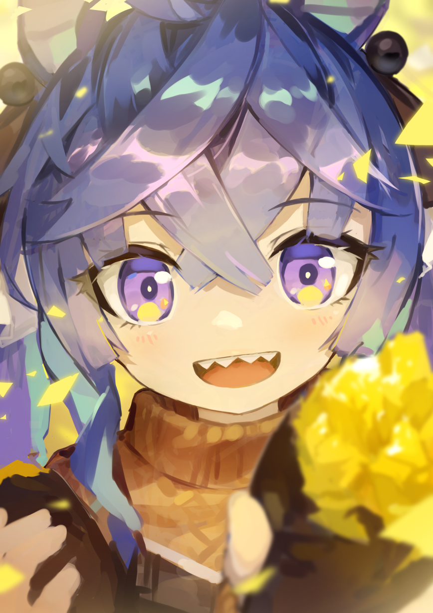 1girl :d animal_ears blonde_hair blue_hair brown_sweater close-up commentary_request crossed_bangs food hair_between_eyes harufude highres holding holding_food horse_ears horse_girl incoming_food long_hair looking_at_viewer multicolored_hair open_mouth portrait purple_eyes purple_hair roasted_sweet_potato sharp_teeth smile solo sweater sweet_potato teeth turtleneck turtleneck_sweater twin_turbo_(umamusume) umamusume upper_teeth_only